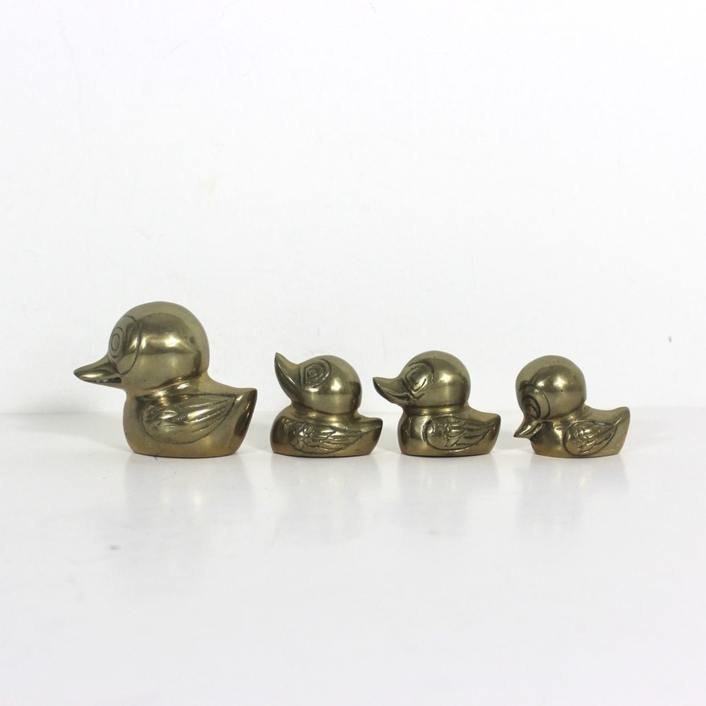Mid Century Brass Duck Mother and Babies Ducklings Vintage Birds Nursery Decor